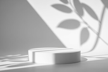 a white podium on a white background for product demonstrations and leaf shadows
