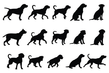 Set of Dog Silhouettes Vector – Standing, Sitting, and Walking Poses on White Background