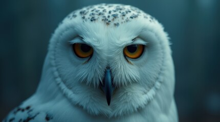 Obraz premium White owl close-up, ghost-like face, intense yellow eyes, cinematic moody analog film style, low contrast, blue grading, extremely detailed.