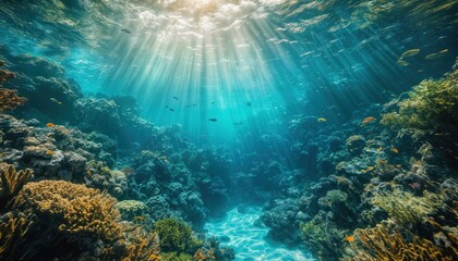 sunbeams filter through turquoise waters illuminating a vibrant coral reef teeming with colorful fish.