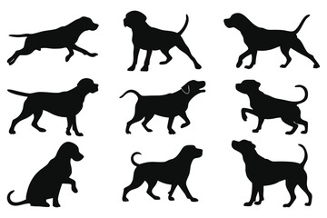Set of Dog Silhouettes Vector – Standing, Sitting, and Walking Poses on White Background