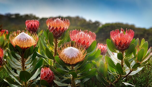madiba protea blooms on a lush verdant background amidst leafy greens and stems greenery madiba protea plant life