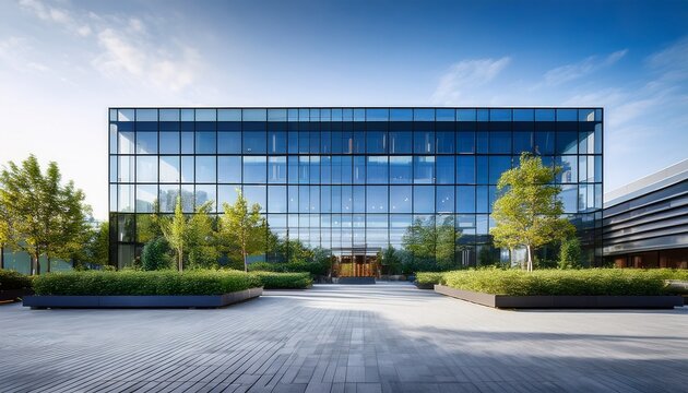 the front of a modern office complex with expansive glass walls sleek geometric forms and elegant landscaping epitomizing contemporary corporate style