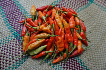 A vibrant collection of essential Asian cooking ingredients: fresh red chilies, bird's eye chilies, shallots, and garlic. The foundation of authentic and flavorful cuisine.