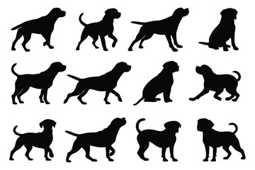 Set of Dog Silhouettes Vector – Standing, Sitting, and Walking Poses on White Background