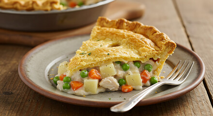 A slice of classic chicken pot pie with golden flaky crust, filled with creamy chicken, peas, carrots, and potatoes. Served on a rustic ceramic plate over a wooden table with a silver fork on the side
