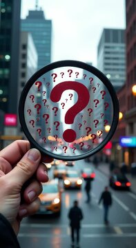 person holding magnifying glass question marks front busy city street cars driving people walking roa