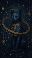 Naklejka premium Mystical cat adorned with stars.