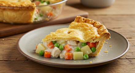 A slice of classic chicken pot pie with golden flaky crust, filled with creamy chicken, peas, carrots, and potatoes. Served on a rustic ceramic plate over a wooden table, warm natural lighting 