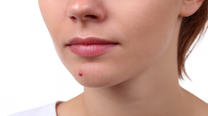Close up view of a woman's chin displaying a herpes cold sore, isolated on a transparent background, emphasizing a prevalent skin condition often causing discomfort and inflammation