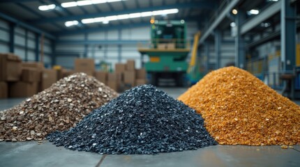 Piles of rare earth elements and metallic ores in industrial warehouse, raw materials for tech, electronics, renewable energy.