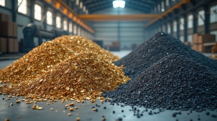 Piles of rare earth elements and metallic ores in industrial warehouse, raw materials for tech, electronics, renewable energy.