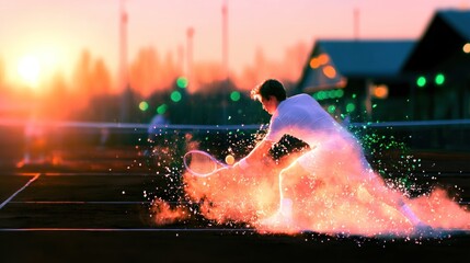 Tennis player in motion, sunset background