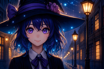 Enchanting anime witch with glowing purple eyes and blue hair, wearing a magical hat and bow, surrounded by warm street lamps and mystical glowing orbs on a nighttime urban fantasy street.