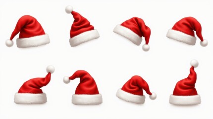 Classic red Santa hats with white fur trim and pom-poms, realistic vector style, isolated on transparent background.