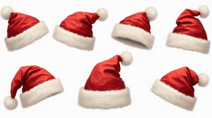 Classic red Santa hats with white fur trim and pom-poms, realistic vector style, isolated on transparent background.