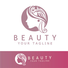 Feminine beauty logo with a woman’s profile and elegant floral hair design in soft pink. Perfect for salons, spas, cosmetics, skincare, or wellness brands