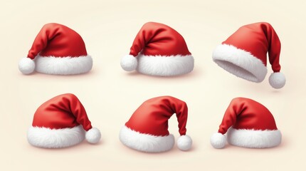 Classic red Santa hats with white fur trim and pom-poms, realistic vector style, isolated on transparent background.