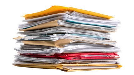 Large stack of messy paperwork and folders representing office clutter, bureaucracy, and administrative overload, isolated on transparent background for easy integration into projects