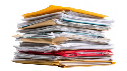 Large stack of messy paperwork and folders representing office clutter, bureaucracy, and administrative overload, isolated on transparent background for easy integration into projects