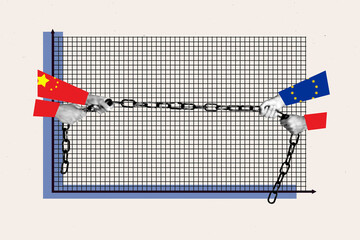 Creative full art collage of hands pull chain trap trade war imprisonment economy china europe flag...