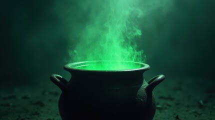 Sinister cauldron with steaming green glowing potion, isolated on misty dark background, Halloween witchcraft mystery.