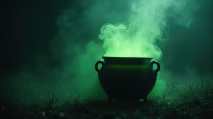 Sinister cauldron with steaming green glowing potion, isolated on misty dark background, Halloween witchcraft mystery.