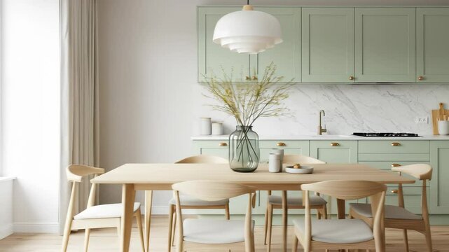 Sage Green Kitchen Design: Modern Dining Room Decor, Marble Backsplash, Light Wood Table & Chairs, Interior Design Ideas