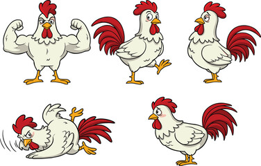 Collection of Dynamic Cartoon Rooster Poses: Strong, Walking, Confused, Falling, and Shy – Expressive Farm Animal Set for Diverse Designs