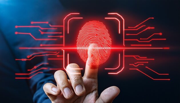 anti tracking anonymity concept a close up of a finger touching a glowing red fingerprint scanner symbolizing biometric security and technology privacy touch smart scan recognition ai digital print - Powered by Adobe