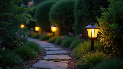 Warm solar lanterns light winding stone path, night garden, green foliage and trees, cozy outdoor decor inspiration.