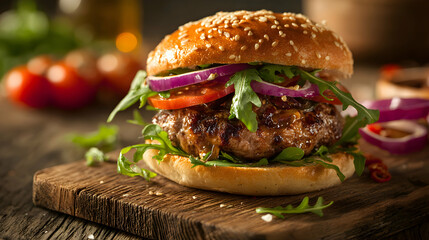 Gourmet Burger on Wooden Board with Fresh Ingredients and Appetizing Meal