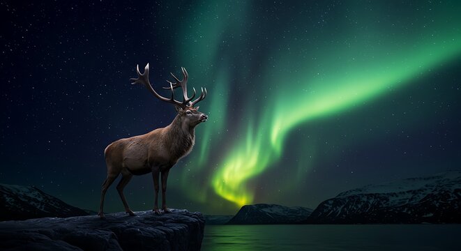 A highly realistic aurora scene with vibrant green ribbons of light streaking across a clear starry sky, silhouetted pine trees below and snow covered ground glowing faintly,