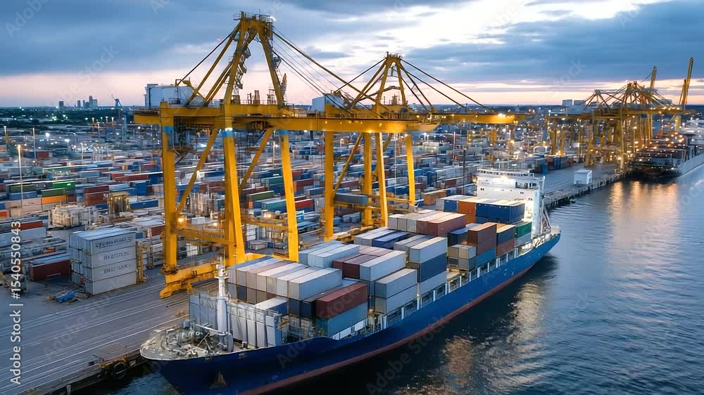 Poster modern port logistics in action as container cranes and conveyor systems streamline the offloading o