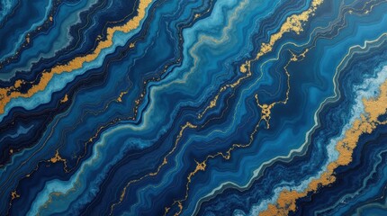 Blue onyx marble with intricate natural patterns and golden accents, polished and luxurious, abstract stone background.