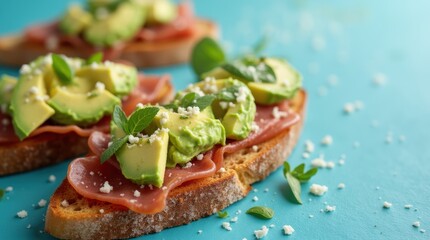 Tapas with avocado, jamon, cheese on crispy toast, bright blue background, ideal for Mediterranean menu or ads.