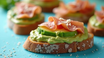 Tapas with avocado, jamon, cheese on crispy toast, bright blue background, ideal for Mediterranean menu or ads.