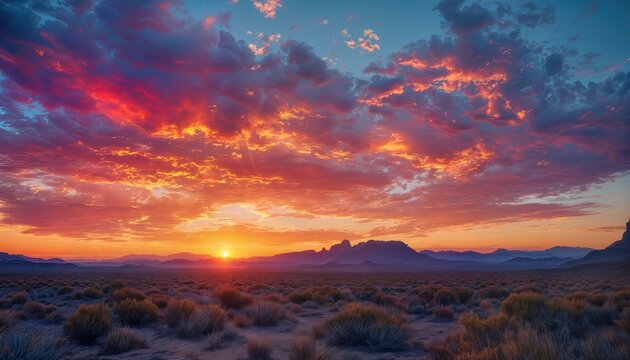 a vibrant and dramatic sunset illuminates the desert landscape with fiery orange and pink hues casting long shadows across the scrub brush and silhouetting distant mountains.