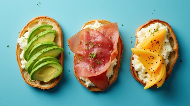 Tapas with avocado, jamon, cheese on crispy toast, bright blue background, ideal for Mediterranean menu or ads.