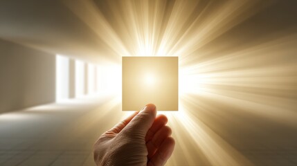A hand holds a glowing square in a bright hallway, with radiant light beams streaming from behind the square, creating a sense of inspiration and discovery