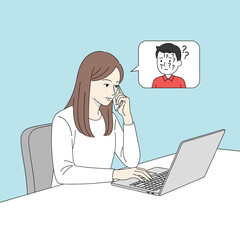 Woman on Phone with Laptop Facing Confused Client or Colleague. Hand drawn style vector design illustrations.