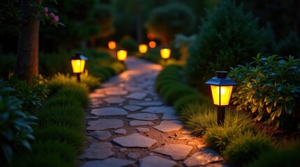 Warm solar lanterns light winding stone path, night garden, green foliage and trees, cozy outdoor decor inspiration.