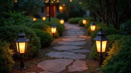 Warm solar lanterns light winding stone path, night garden, green foliage and trees, cozy outdoor decor inspiration.