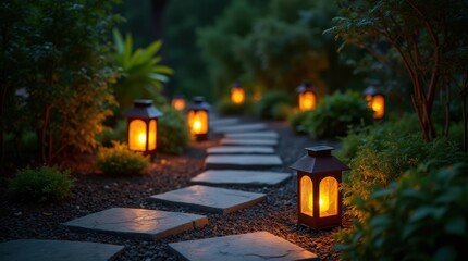 Warm solar lanterns light winding stone path, night garden, green foliage and trees, cozy outdoor decor inspiration.