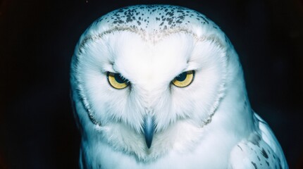 White owl close-up, ghost-like face, intense yellow eyes, cinematic moody analog film style, low contrast, blue grading, extremely detailed.