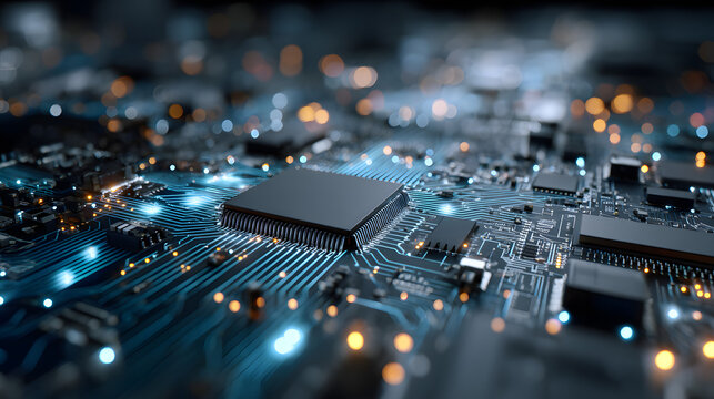 AI chip background on technology blue background. Circuit board. Ai Tech bg. Semiconductor or CPU processor. Artificial intelligence concept. Abstract digital vector illustration. Big data.