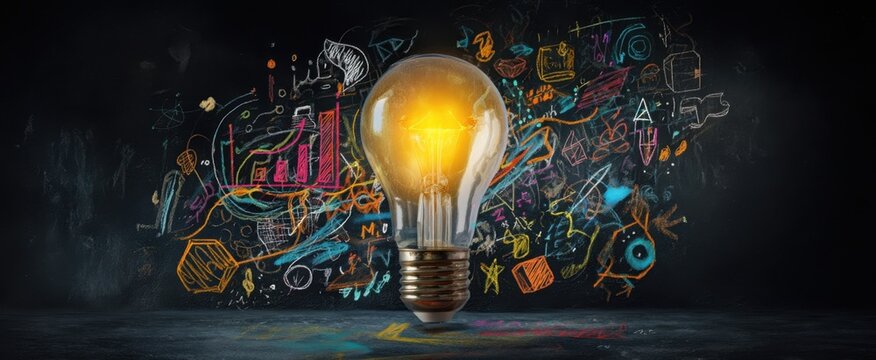The illuminated light bulb amidst vibrant abstract creativity and innovation.