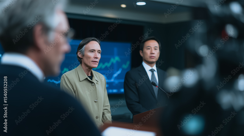 Aufkleber high-stakes briefing: professional figures stand before a backdrop of data and charts.
