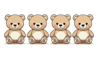 Scalable vector illustration of four teddy bears in a horizontal row, each drawn in a minimalist cartoon style, easily editable and scalable.
