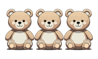 Scalable vector illustration of four teddy bears in a horizontal row, each drawn in a minimalist cartoon style, easily editable and scalable.
